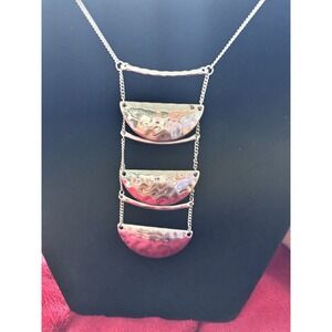 Tiered Crescent Dangling Pendant Necklaces Silver Tone Hammered Half Moons 24"